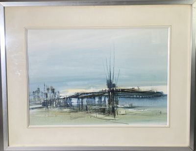 aquarelle encadrée représentant une jetée avec des bateaux sur l'eau