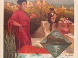 an old poster of a woman in a red dress and a man in a red shawl