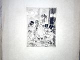 a black and white drawing of a family sitting at a table