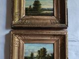 two paintings of a landscape with trees and a river in a gold frame