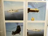 four pictures of a helicopter and a boat in the water