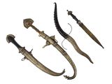 three different types of weapons are displayed on a white surface