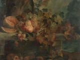 an image of a painting of fruit and flowers on a ledge