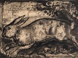 an image of a drawing of a rabbit running in a field