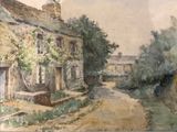 a watercolor painting of a house on the side of the road