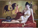 a painting of a woman laying on a bed with a cat