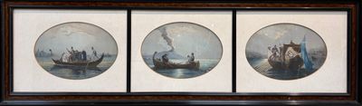 Trois estampes napolitaines à vue ovale dans un même encadre…