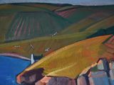 a painting of a view of the ocean from a hill