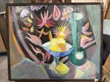 a painting of a still life with flowers and fruit on a table