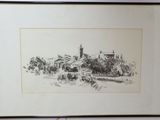 drawing of a landscape with a church and trees in the background