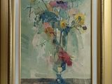 a painting of flowers in a vase on a table