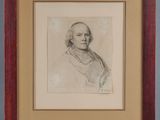 a drawing of a man in a suit and tie in a wooden frame