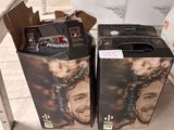 two boxes that have a picture of a man on them
