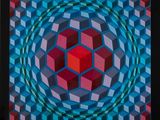peinture abstraite représentant un motif géométrique rouge, bleu et vert