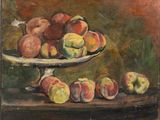 tableau représentant un bol de pêches et de pommes posé sur une table