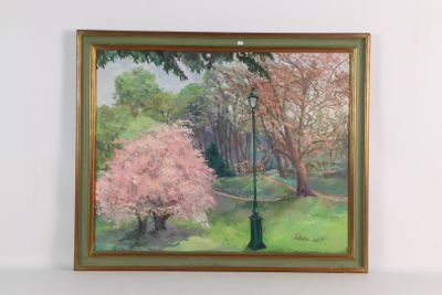 une peinture représentant un lampadaire au milieu d'un parc