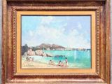 une peinture à l'huile représentant une scène de plage avec des gens sur le sable