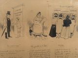 un dessin représentant un groupe de personnes debout devant une porte