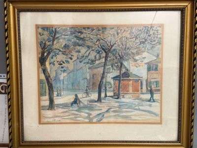 painting of a street scene with a man and a dog in the foreground