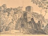 a drawing of a castle on top of a mountain