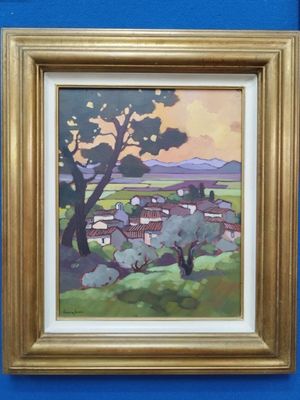 une peinture à l'huile représentant un paysage avec des arbres et des maisons