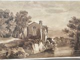 drawing of a house on a river bank with a bridge in the foreground and trees in the background