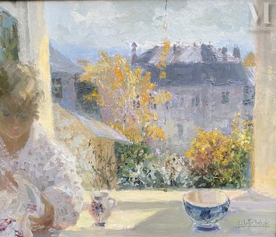 a painting of a woman sitting at a table with a cup
