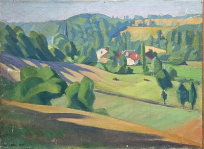 an image of a painting of a landscape with trees and houses