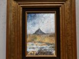 an oil painting of a landscape with a mountain in the background