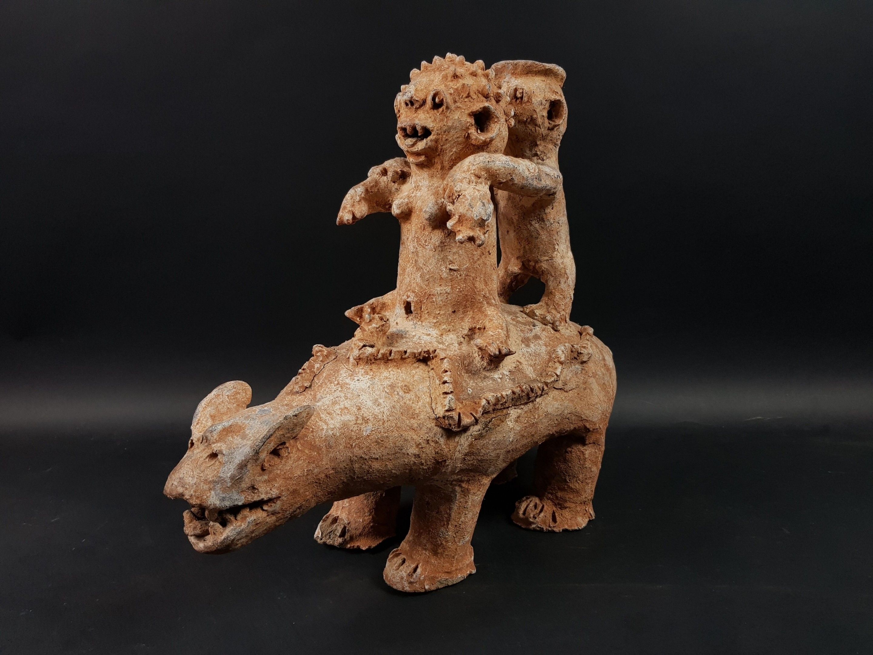 Statue Dakakari Terre Cuite Couple Animal Mythique Serpents 42x49cm
