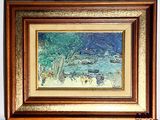 painting of a landscape with a river and trees in a gold frame