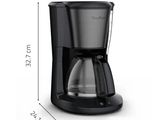 La cafetière est noire et dispose d'une carafe en verre.
