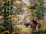 une peinture à l'huile représentant une scène champêtre avec un ruisseau au premier plan