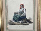 painting of a woman sitting on a rock with a basket of fish