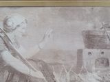 a drawing of a woman holding a rifle in front of a castle