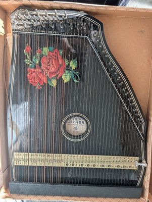 un instrument de musique très ancien, rangé dans une boîte ornée d'un motif de rose