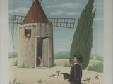 un tableau représentant un homme assis sur un banc devant un moulin à vent