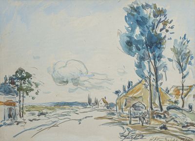 tableau représentant une route de campagne avec une maison et des arbres en arrière-plan
