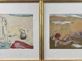 two framed pictures of a man and a woman on the beach