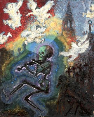 un tableau représentant un squelette jouant du violon devant un ciel rouge