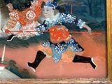 a painting of a woman riding a horse with a man on it
