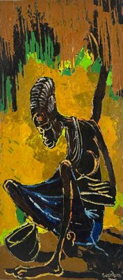 an oil painting of a woman sitting on the ground with a bucket