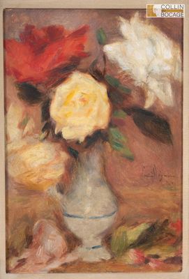 une peinture de fleurs dans un vase sur une table