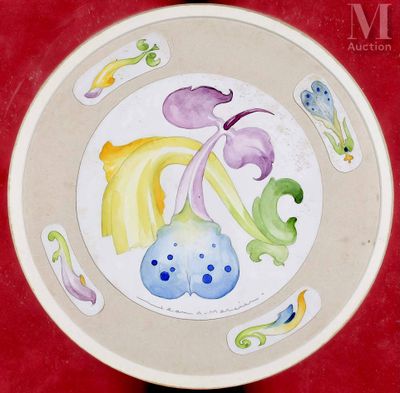 une assiette contenant des fruits et des légumes, posée sur un fond rouge