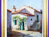 an oil painting of a white house with a blue door and green shutters