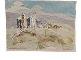 an image of a painting of a man standing in front of a shack