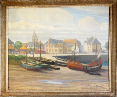 une peinture de bateaux sur la plage au bord de l'eau