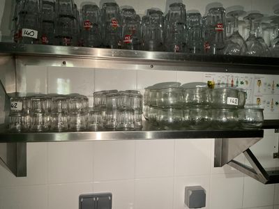 de nombreux verres sur les étagères de la cuisine