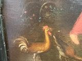 a painting of a woman feeding chickens in a barn