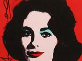 an image of a painting of a woman with blue eyes and a red background